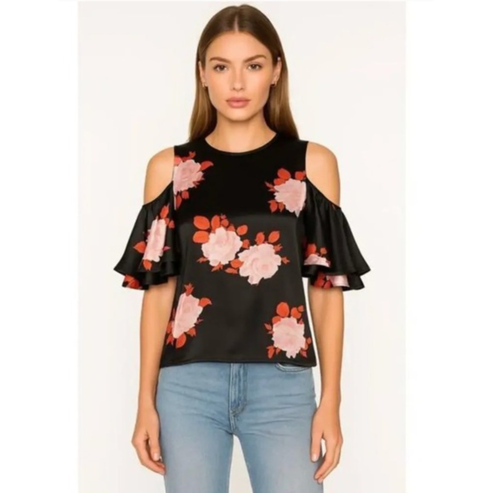 Ganni Cold Shoulder Floral Satin Ruffle Sleeve Blouse Size‎ XS